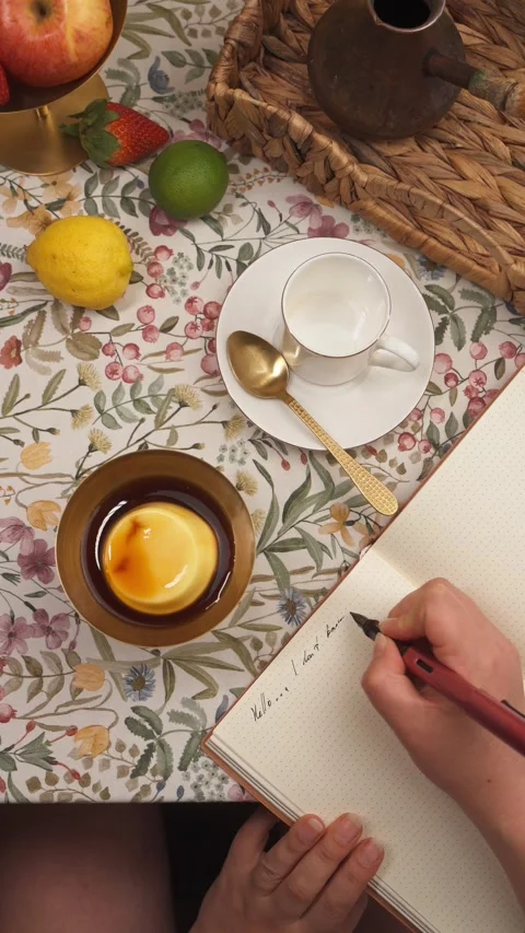 Hand writing in journal with coffee and fresh fruit on floral tablecloth morning Stock Footage 335422373