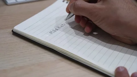 Hand Writing Marketing Plan Steps in Spiral Notebook Close Up Business Planning Stock Footage 332073513
