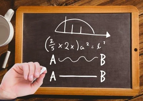 Hand writing math equations on blackboard with chalk Stock Photos
