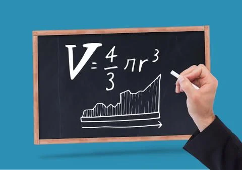 Hand writing math equations on blackboard with chalk Foto stock