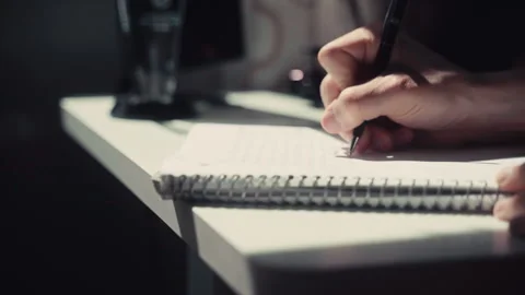 Hand Writing in Notebook at Sunlit Desk Stock Footage 293645972