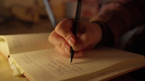Hand Writing Notes in Notebook at Desk in Warm Light Stock Footage 344946482