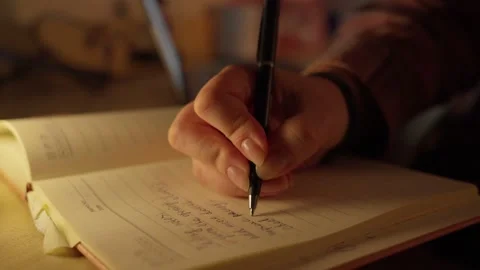 Hand Writing Notes in Notebook at Desk in Warm Light Stock Footage 344946620