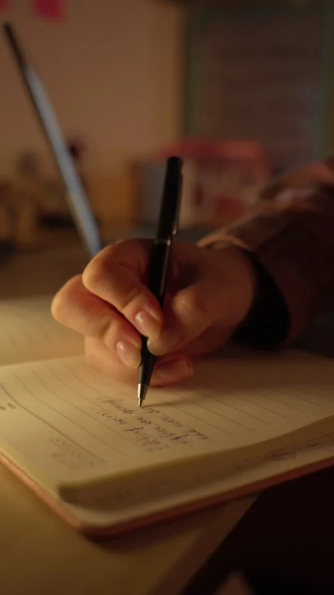 Hand Writing Notes in Notebook at Desk in Warm Light Stock-Footage 344949424