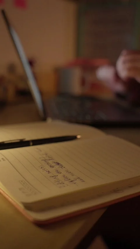 Hand Writing Notes in Notebook at Desk in Warm Light Stock Footage 344949555
