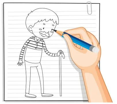 Hand writing of old man holding cane outline Stock Illustration