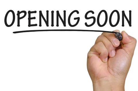 Hand writing opening soon Fotos Stock