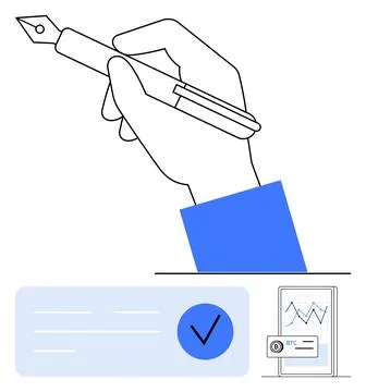Hand Writing with Pen, Checkmark Box, and Bitcoin Chart on Mobile Device Sc.. Stock Illustration