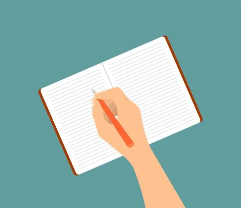 A hand writing with a pen in a notebook on a blue background Stock Illustration