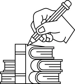 A hand is writing with a pencil on a stack of books 스톡 일러스트
