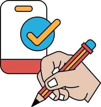 A hand is writing on a phone with a check mark on it Stock Illustration