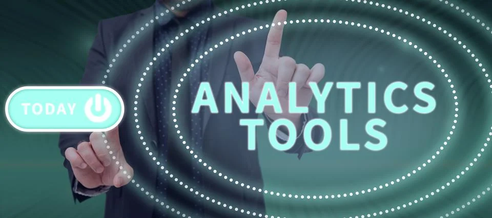Hand writing sign Analytics Tools. Word for pieces of web application analysis Foto stock