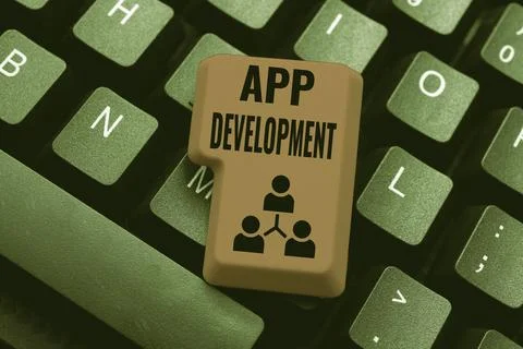 Hand writing sign App Development. Concept meaning producing computer software Stock Photos