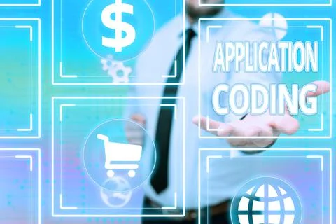 Hand writing sign Application Coding. Word for process by which a mobile app is 写真素材