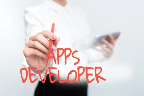 Hand writing sign Apps Developer. Word for Graphic artist Software Programmer Photos