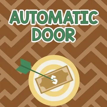 Hand writing sign Automatic Door. Word for opens automatically when sensing the Stock Illustration