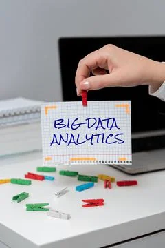 Hand writing sign Big Data AnalyticsThe process of examining large and varied 스톡 사진