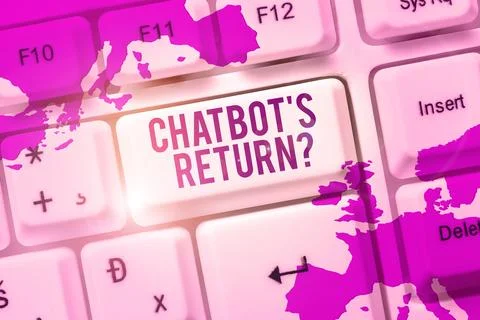 Hand writing sign Chatbot's Return. Word for program that communicate use text 스톡 사진