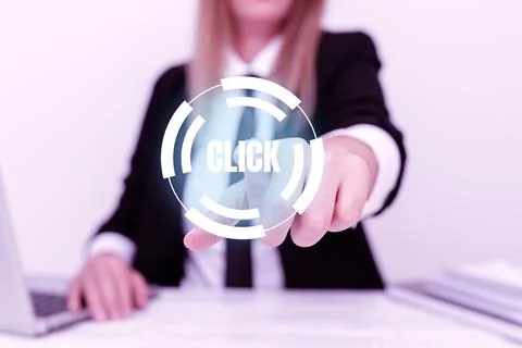 Hand writing sign Click. Business approach Act of pressing a button on a mouse Stock Photos