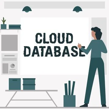 Hand writing sign Cloud Database. Word for optimized or built for a virtualized Stock Illustration