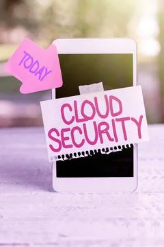 Hand writing sign Cloud Security. Business overview Protect the stored Stock Photos