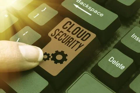 Hand writing sign Cloud Security. Concept meaning Imposing a secured system of Stock Photos