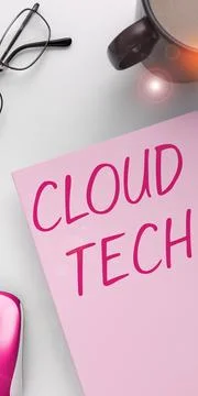Hand writing sign Cloud Tech. Word for storing and accessing data and programs Foto stock
