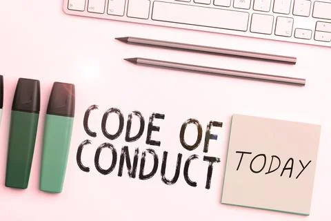 Hand writing sign Code Of Conduct. Internet Concept Ethics rules moral codes Stockfoto's