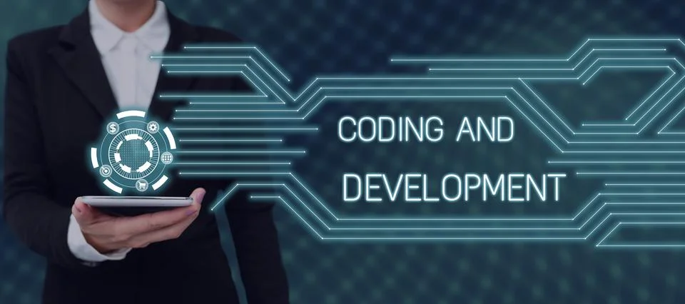 Hand writing sign Coding And Development. Conceptual photo Programming Building Stock Photos