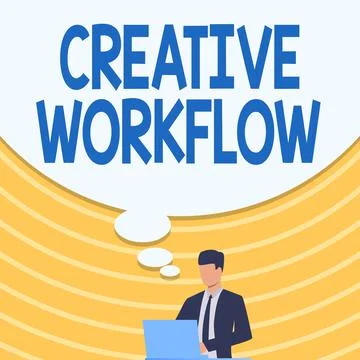 Hand writing sign Creative Workflow. Business overview the process undertaken by Stock Illustration