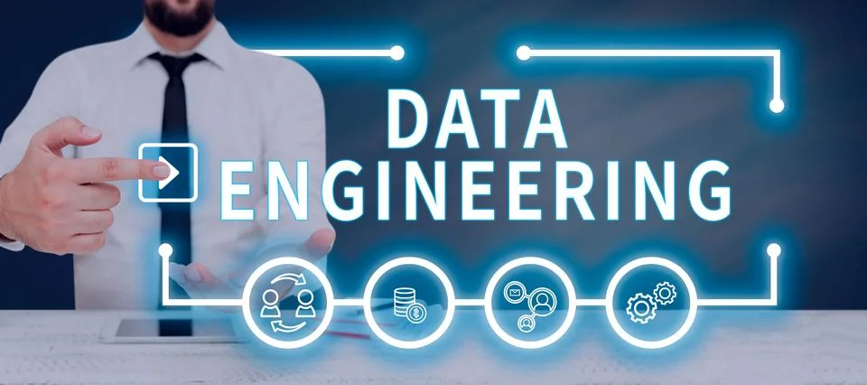 Hand writing sign Data Engineering. Business idea data science that focuses on Stock Photos