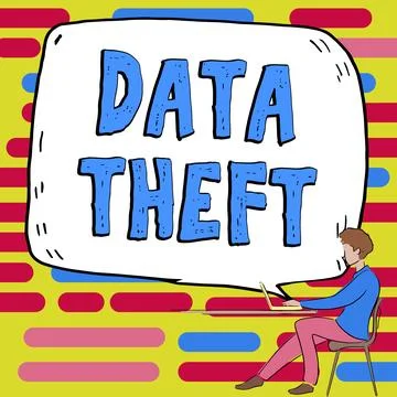 Hand writing sign Data Theft. Business idea illegal transfer of any information Illustrazione stock