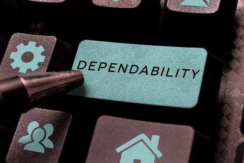 Hand writing sign Dependability. Concept meaning capable of being trusted or Stockfoto's