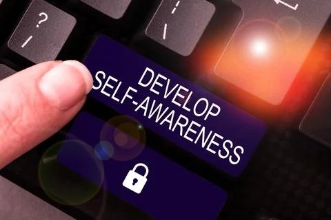 Hand writing sign Develop Self Awareness. Concept meaning Improve sharp 스톡 사진