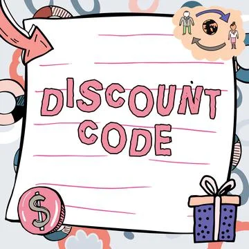 Hand writing sign Discount Code. Word Written on to reduce the price of a Ilustración de archivo