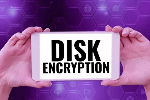 Hand writing sign Disk Encryption. Word Written on the security mechanism used 写真素材