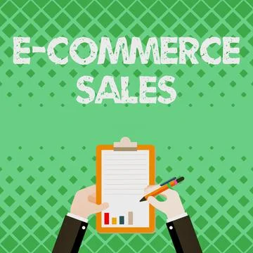 Hand writing sign E Commerce Sales. Word Written on activity of buying or Stock Illustration