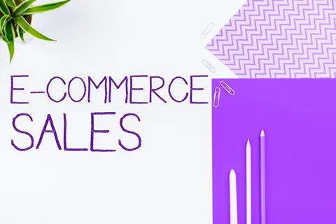 Hand writing sign E Commerce Sales. Concept meaning activity of buying or Illustration
