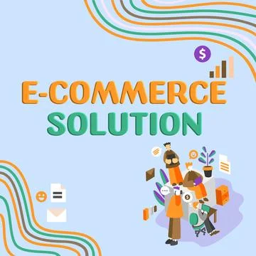 Hand writing sign E Commerce Solution. Business overview Software used by Stock Illustration
