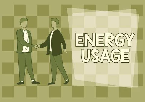 Hand writing sign Energy Usage. Concept meaning Amount of energy consumed or Stock Illustration