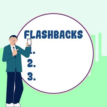 Hand writing sign Flashbacks. Word for interruption of chronological sequence by Stock Illustration