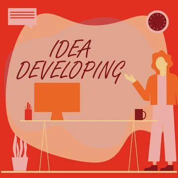 Hand writing sign Idea Developing. Word Written on innovating the concept and Illustrazione stock