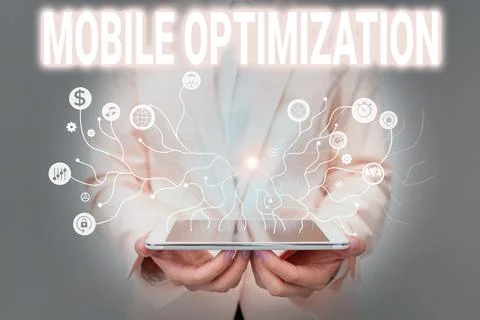 Hand writing sign Mobile Optimization. Word Written on Site Content Reformatted Stock Photos