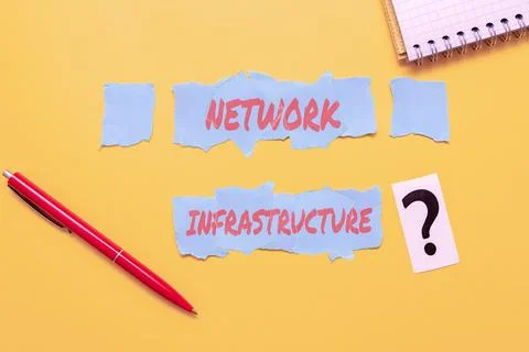 Hand writing sign Network Infrastructure. Concept meaning Hardware and Software Stock Photos