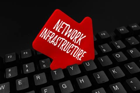 Hand writing sign Network Infrastructure. Word for Hardware and Software Stock Photos