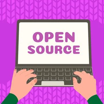 Hand writing sign Open Source. Word for denoting software which original source Stock Illustration