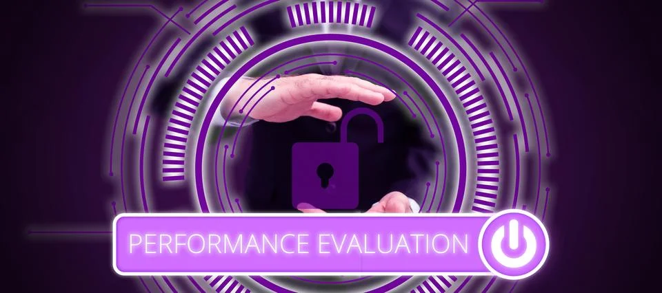 Hand writing sign Performance Evaluation. Concept meaning the development and Stock Photos