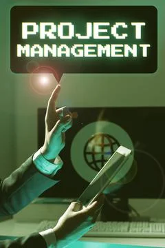 Hand writing sign Project ManagementApplication Process Skills to Achieve 库存照片
