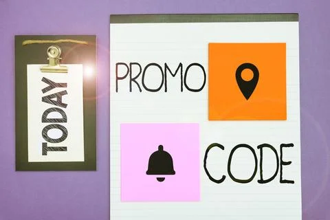 Hand writing sign Promo Code. Business approach digital numbers that give you Stock Photos