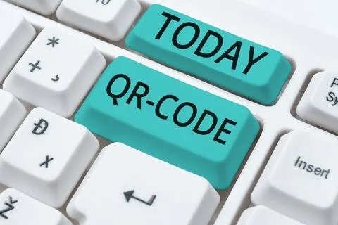 Hand writing sign Qr Code. Word Written on the trademark for a type of matrix Foto stock